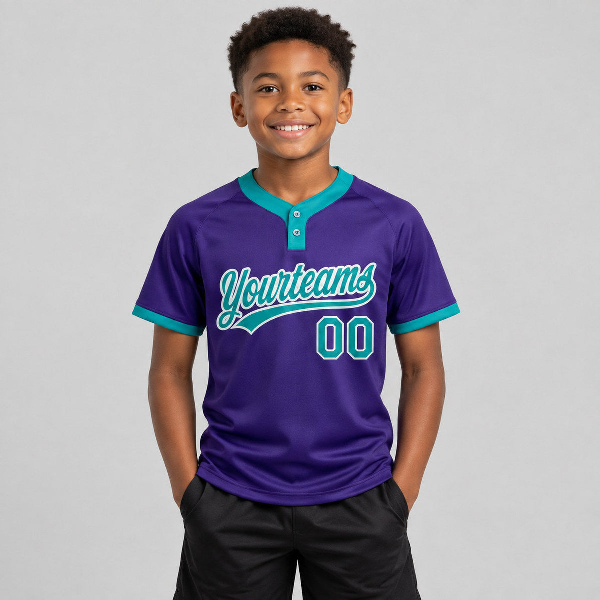 Custom Purple Two Button Softball Jersey with Teal and White Lettering youth size worn by child model