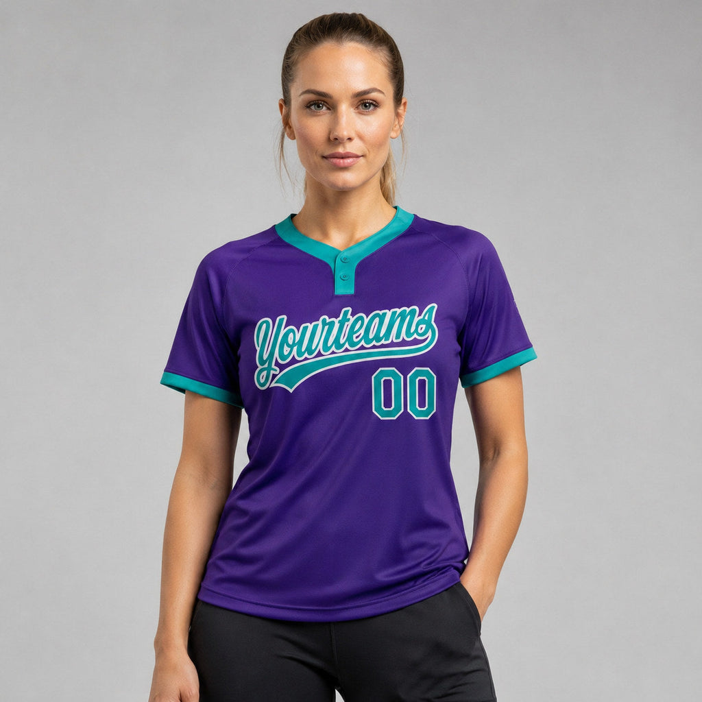 Custom Purple Two Button Softball Jersey with Teal and White Lettering worn by female model