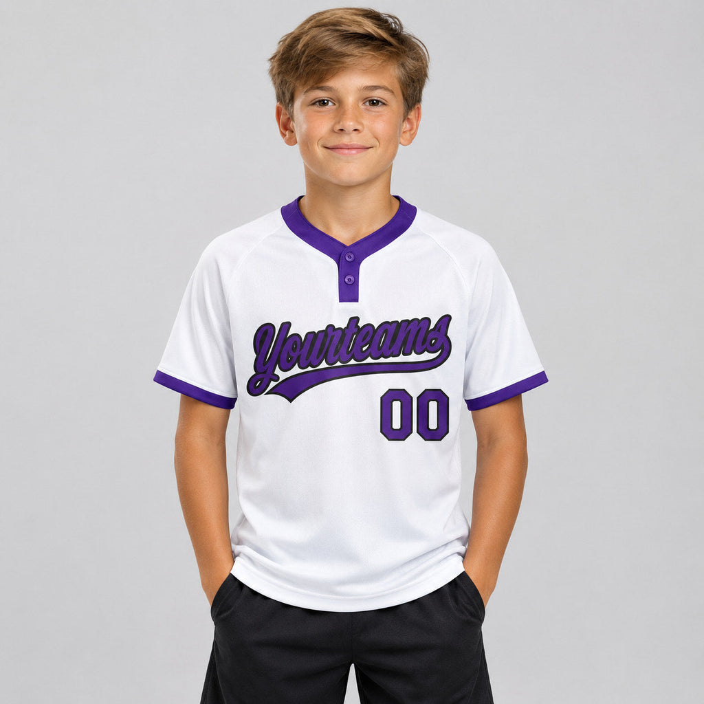 Custom White Two Button Softball Jersey with Purple and Black Lettering Design 0242 youth size worn by child model