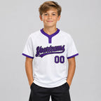Custom White Two Button Softball Jersey with Purple and Black Lettering Design 0242 youth size worn by child model