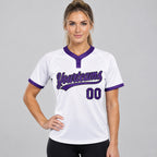 Custom White Two Button Softball Jersey with Purple and Black Lettering Design 0242 worn by female model
