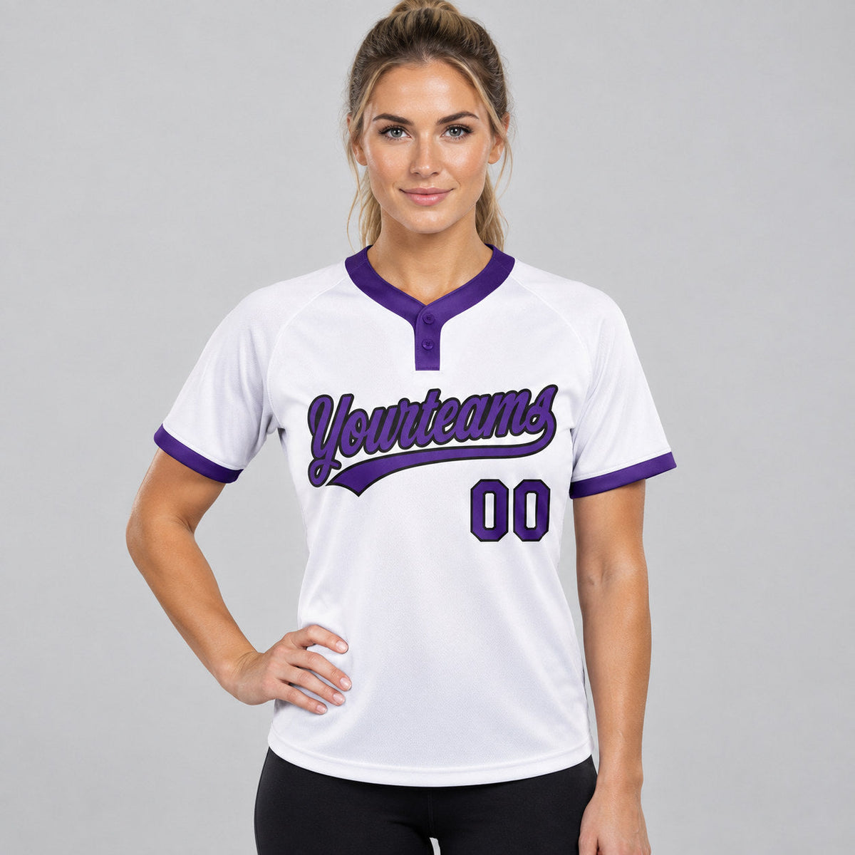 Custom White Two Button Softball Jersey with Purple and Black Lettering Design 0242 worn by female model