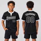 Custom Black Two Button Softball Jersey with Black and White Lettering Design 0034 youth size worn by child model
