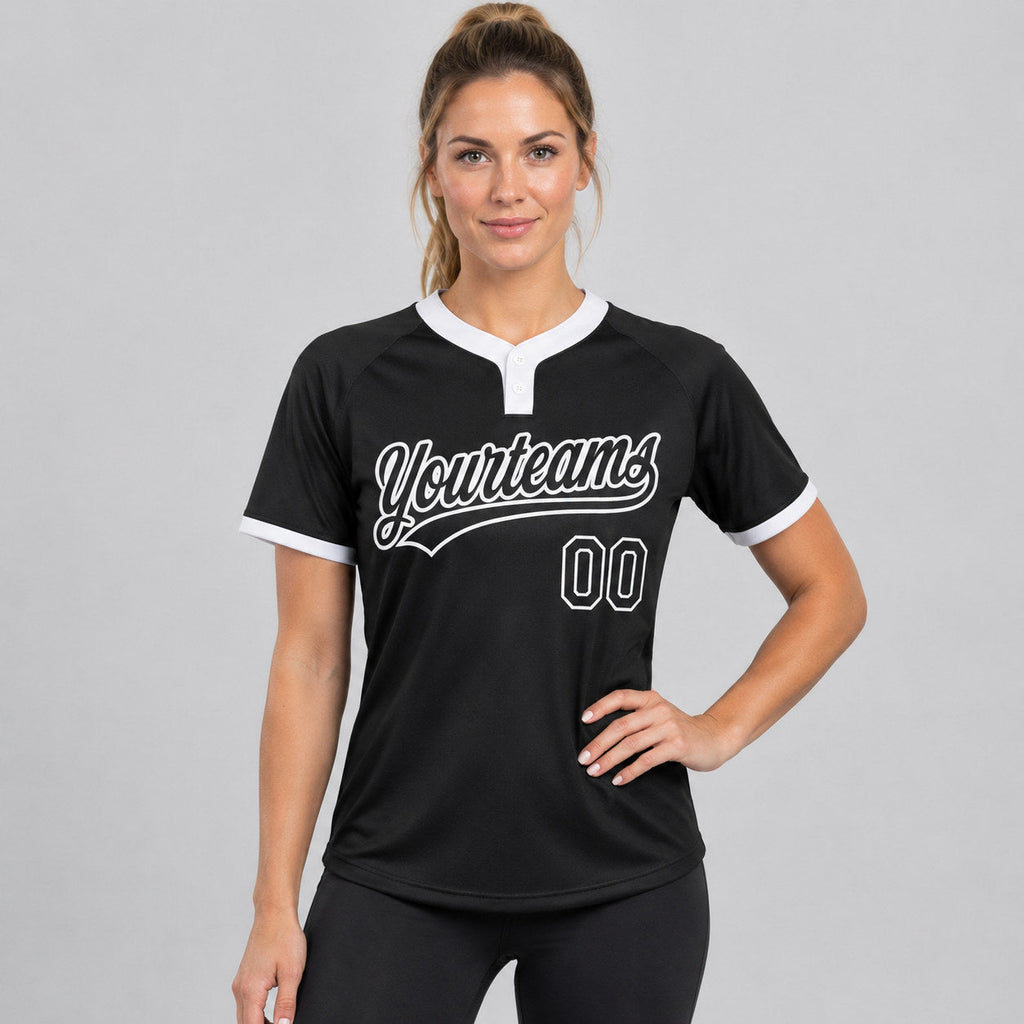Custom Black Two Button Softball Jersey with Black and White Lettering Design 0034 worn by female model