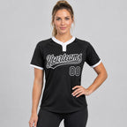 Custom Black Two Button Softball Jersey with Black and White Lettering Design 0034 worn by female model