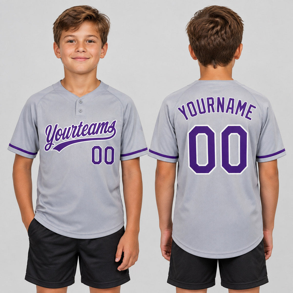 Custom Gray Two Button Softball Jersey with Purple and White Lettering youth size worn by child model
