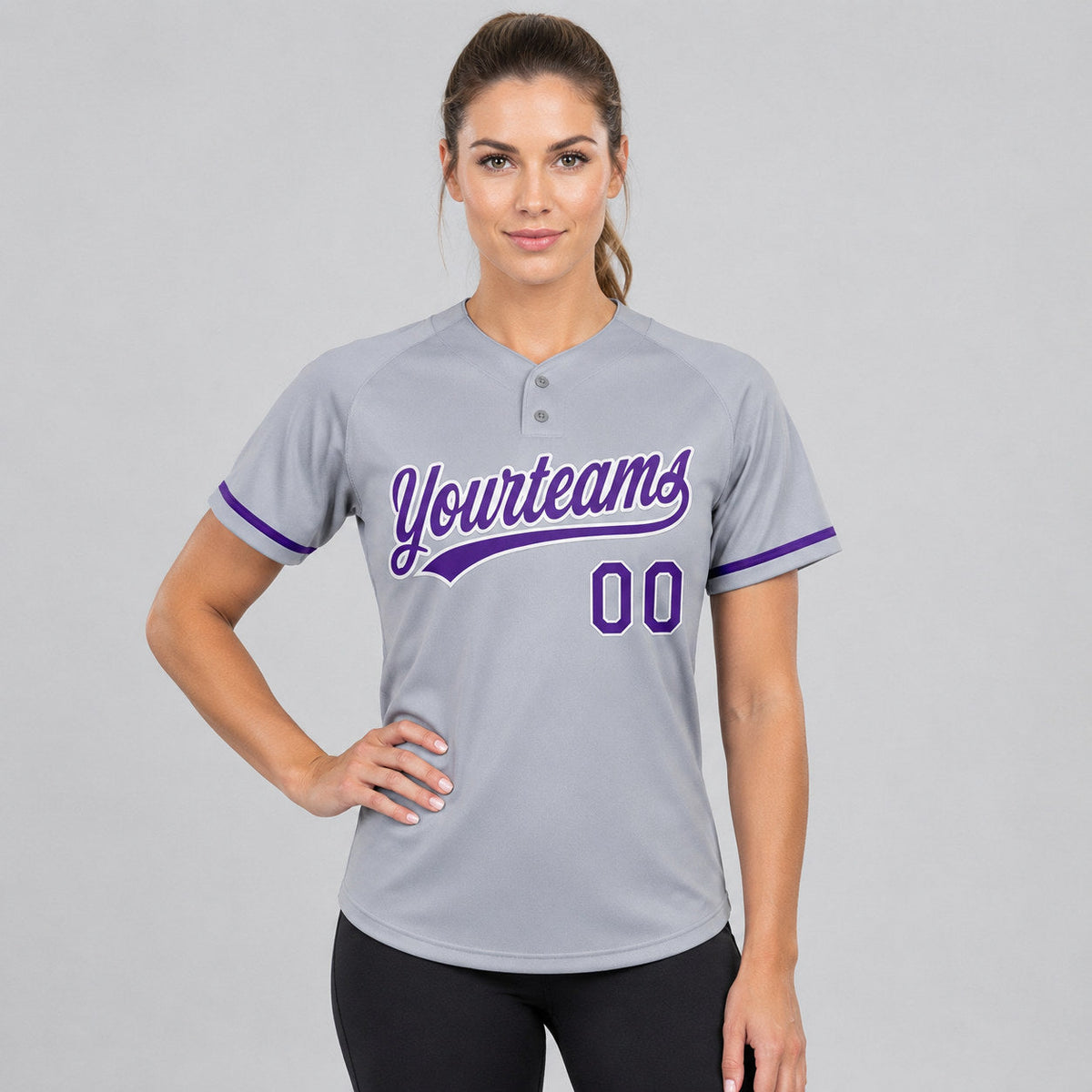 Custom Gray Two Button Softball Jersey with Purple and White Lettering worn by female model