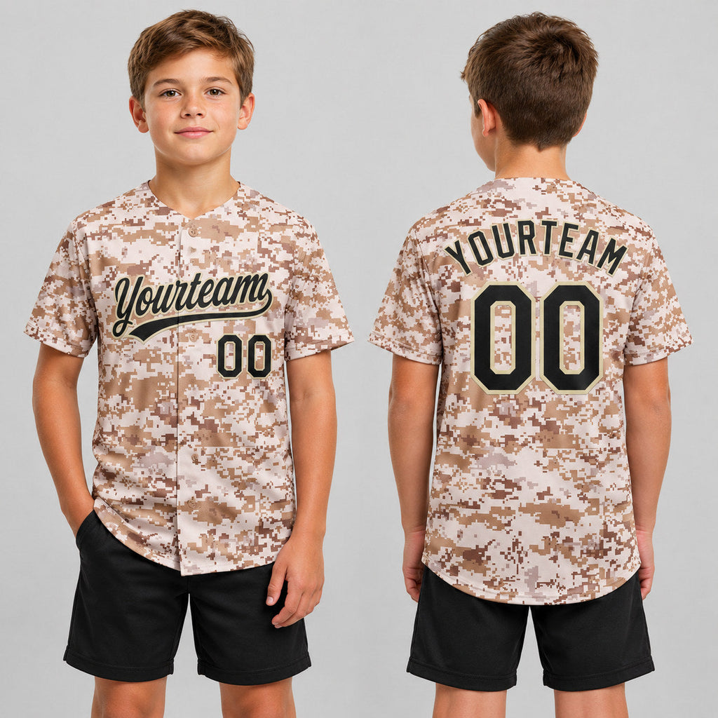 Custom Black and Cream Camo Salute To Service Two Button Softball Jersey Design 1499 youth size worn by child model