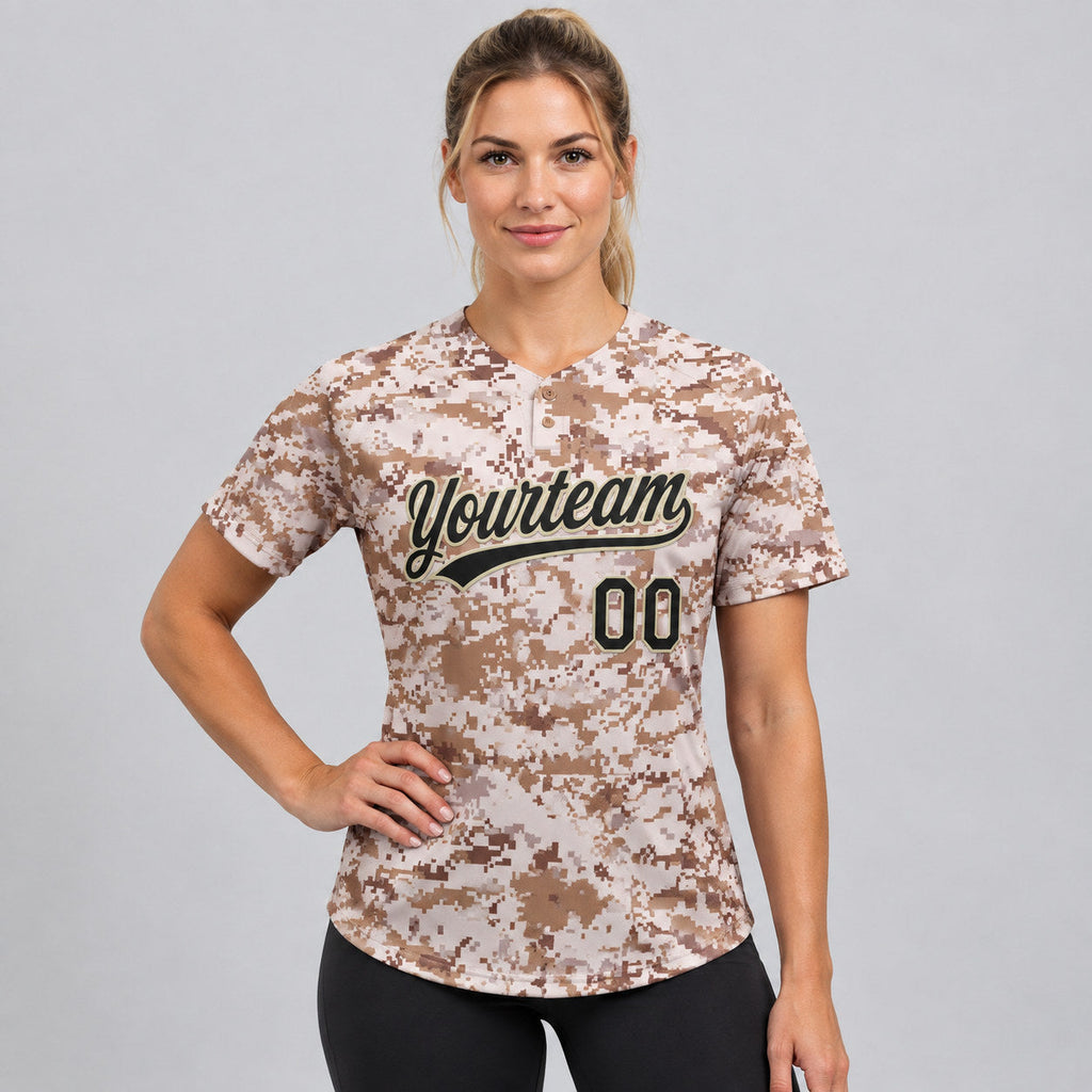 Custom Black and Cream Camo Salute To Service Two Button Softball Jersey Design 1499 worn by female model