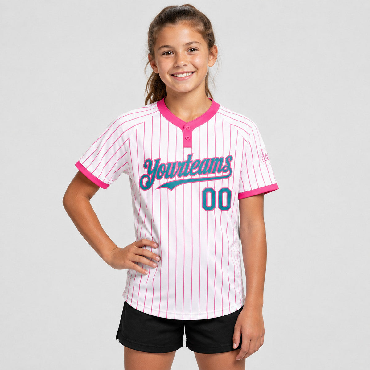 Custom White Two Button Pinstripe Softball Jersey with Pink Lettering Design 0854 youth size worn by child model