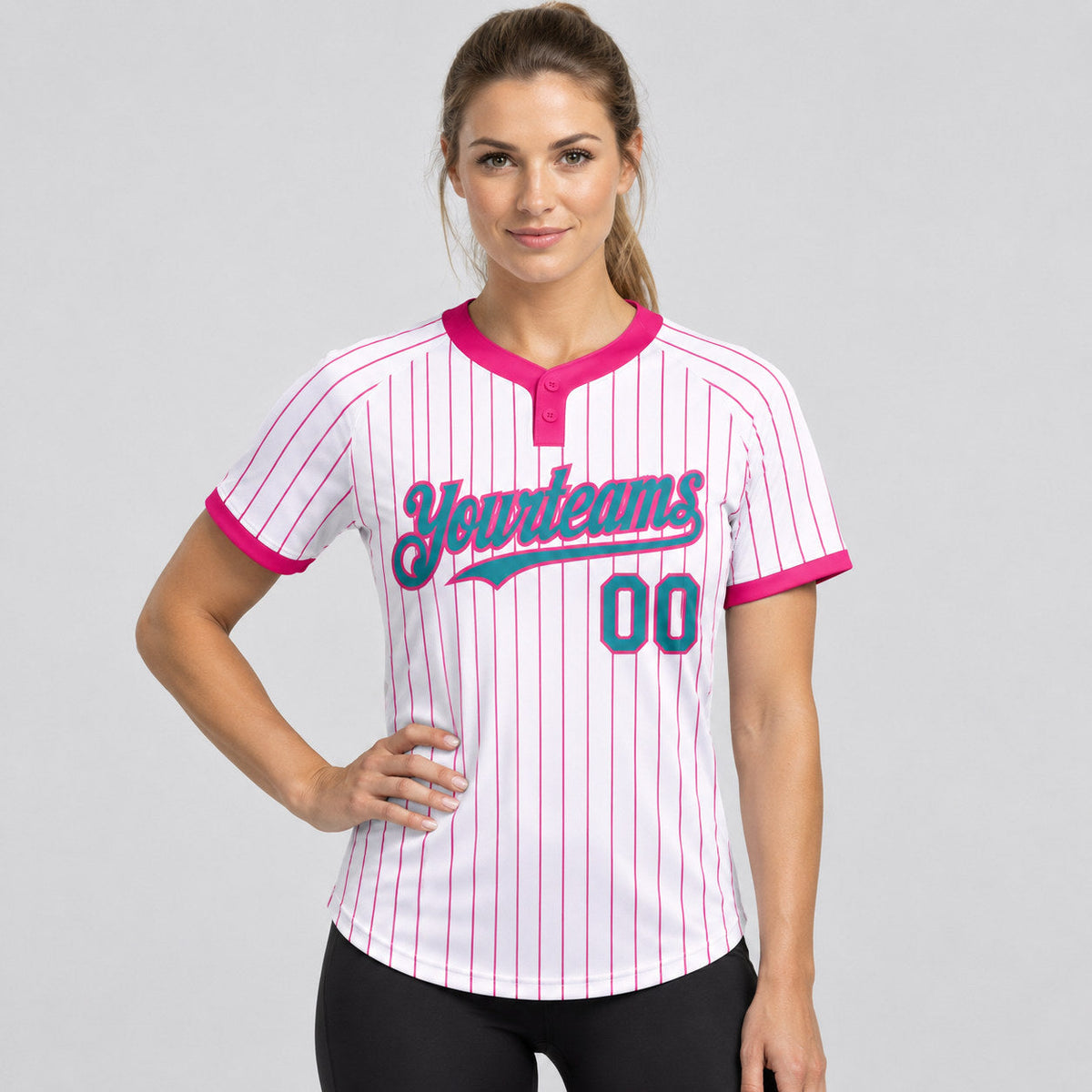 Custom White Two Button Pinstripe Softball Jersey with Pink Lettering Design 0854 worn by female model