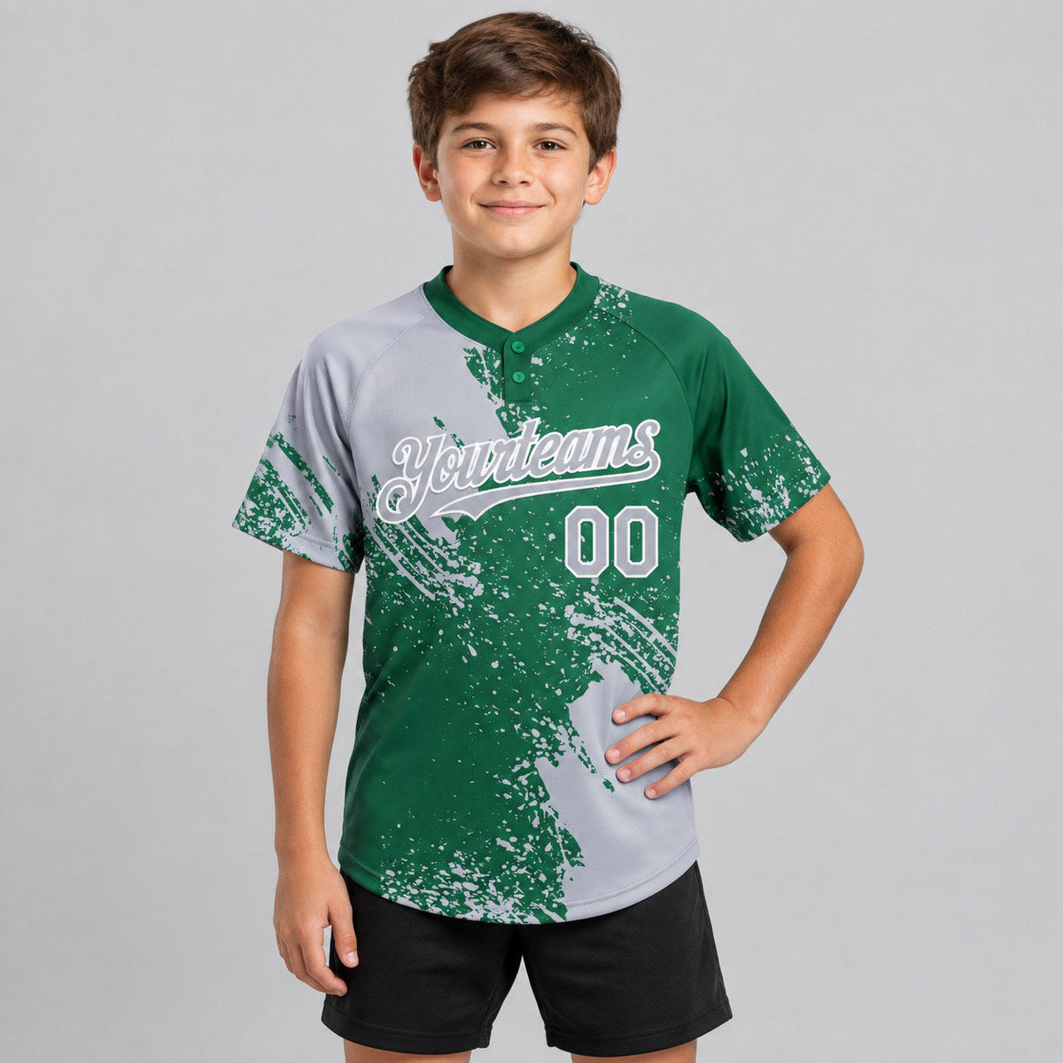 Custom Gray Abstract Brush Stroke Two Button Softball Jersey with Kelly Green and White Lettering youth size worn by child model