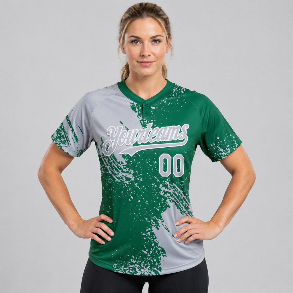 Custom Gray Abstract Brush Stroke Two Button Softball Jersey with Kelly Green and White Lettering worn by female model