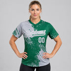 Custom Gray Abstract Brush Stroke Two Button Softball Jersey with Kelly Green and White Lettering worn by female model