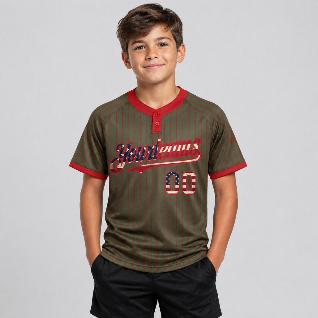 Custom Olive Vintage USA Flag Salute Two Button Pinstripe Softball Jersey with Red Lettering youth size worn by child model