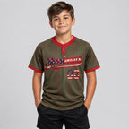 Custom Olive Vintage USA Flag Salute Two Button Pinstripe Softball Jersey with Red Lettering youth size worn by child model