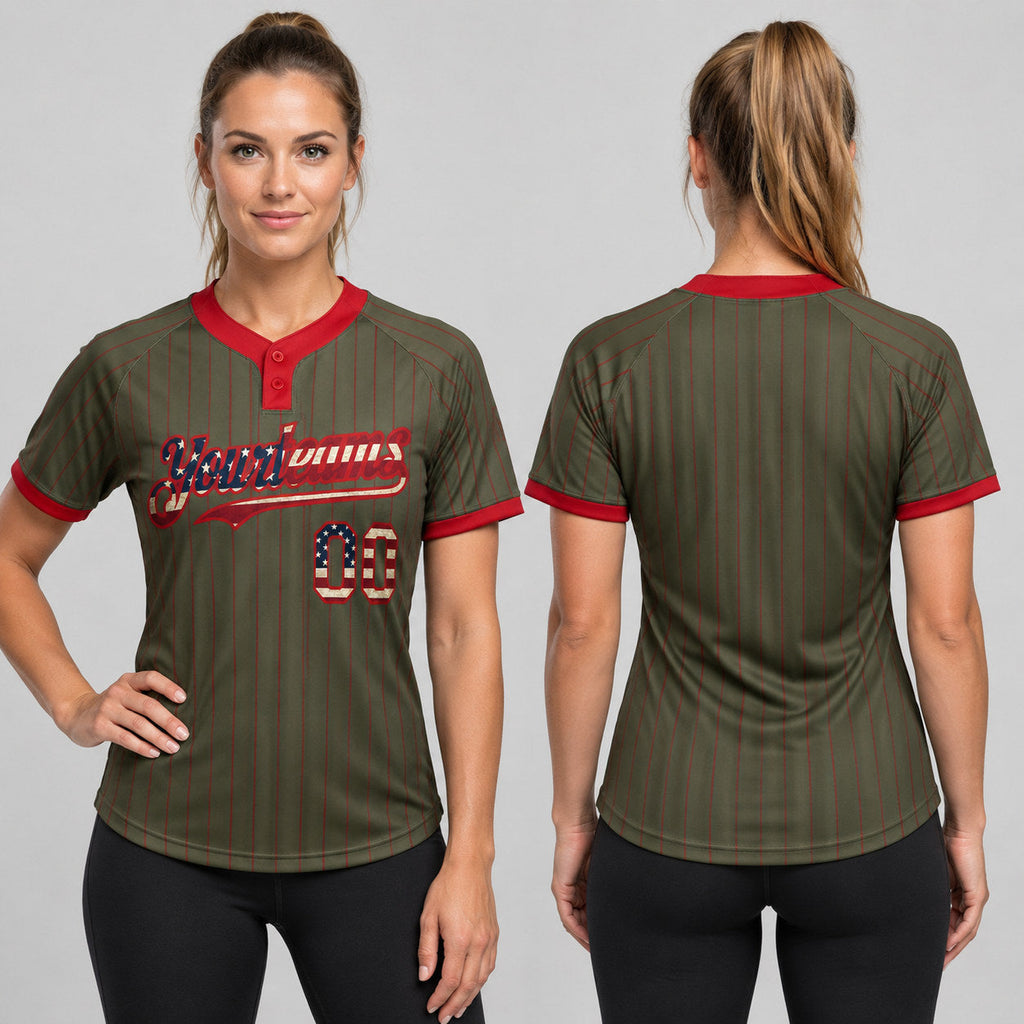 Custom Olive Vintage USA Flag Salute Two Button Pinstripe Softball Jersey with Red Lettering worn by female model
