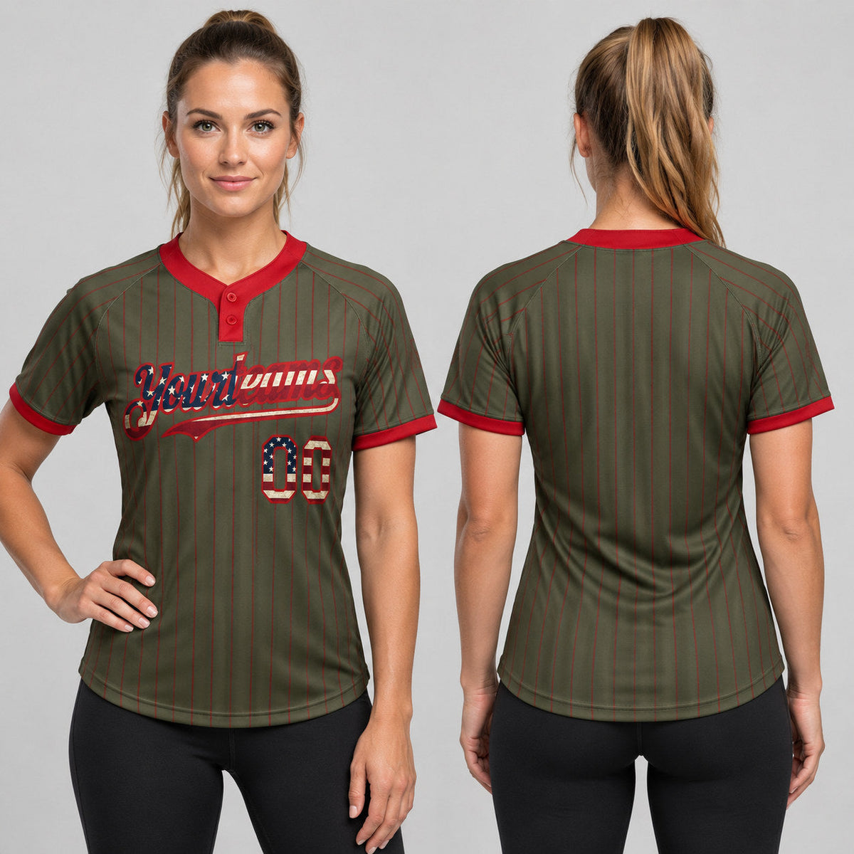 Custom Olive Vintage USA Flag Salute Two Button Pinstripe Softball Jersey with Red Lettering worn by female model
