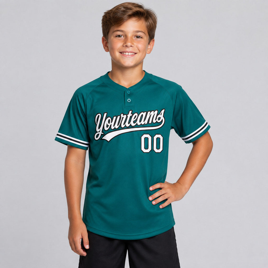 Custom Teal Two Button Softball Jersey with White and Black Lettering youth size worn by child model