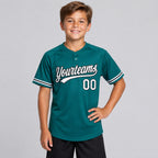 Custom Teal Two Button Softball Jersey with White and Black Lettering youth size worn by child model