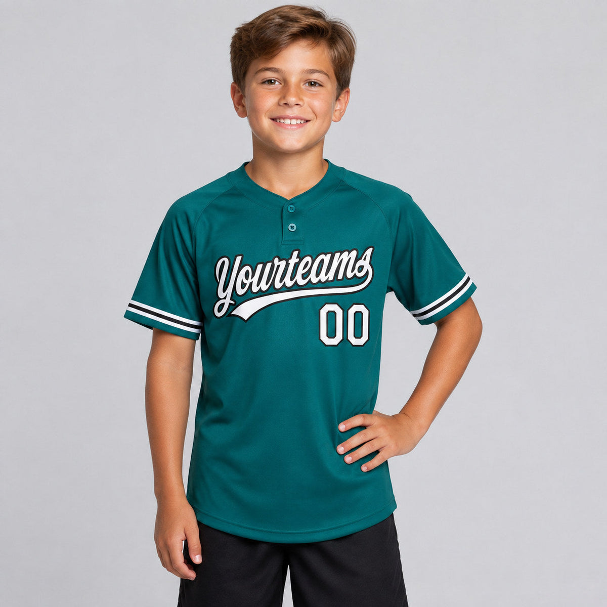 Custom Teal Two Button Softball Jersey with White and Black Lettering youth size worn by child model