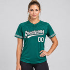 Custom Teal Two Button Softball Jersey with White and Black Lettering worn by female model