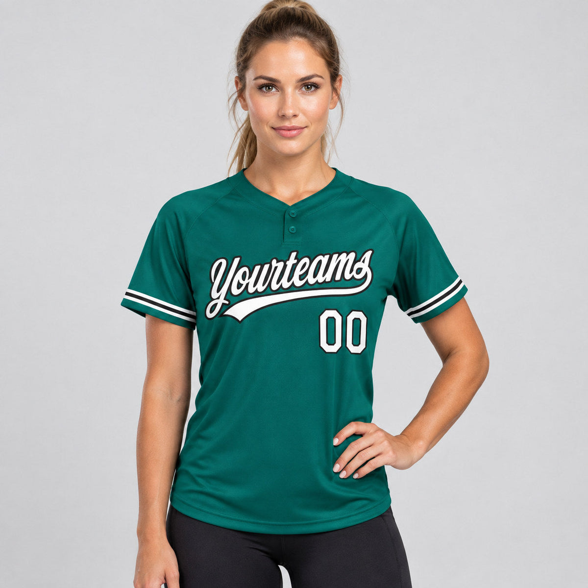 Custom Teal Two Button Softball Jersey with White and Black Lettering worn by female model