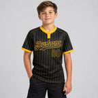 Custom Black Two Button Pinstripe Softball Jersey with Gold Lettering Design 0892 youth size worn by child model