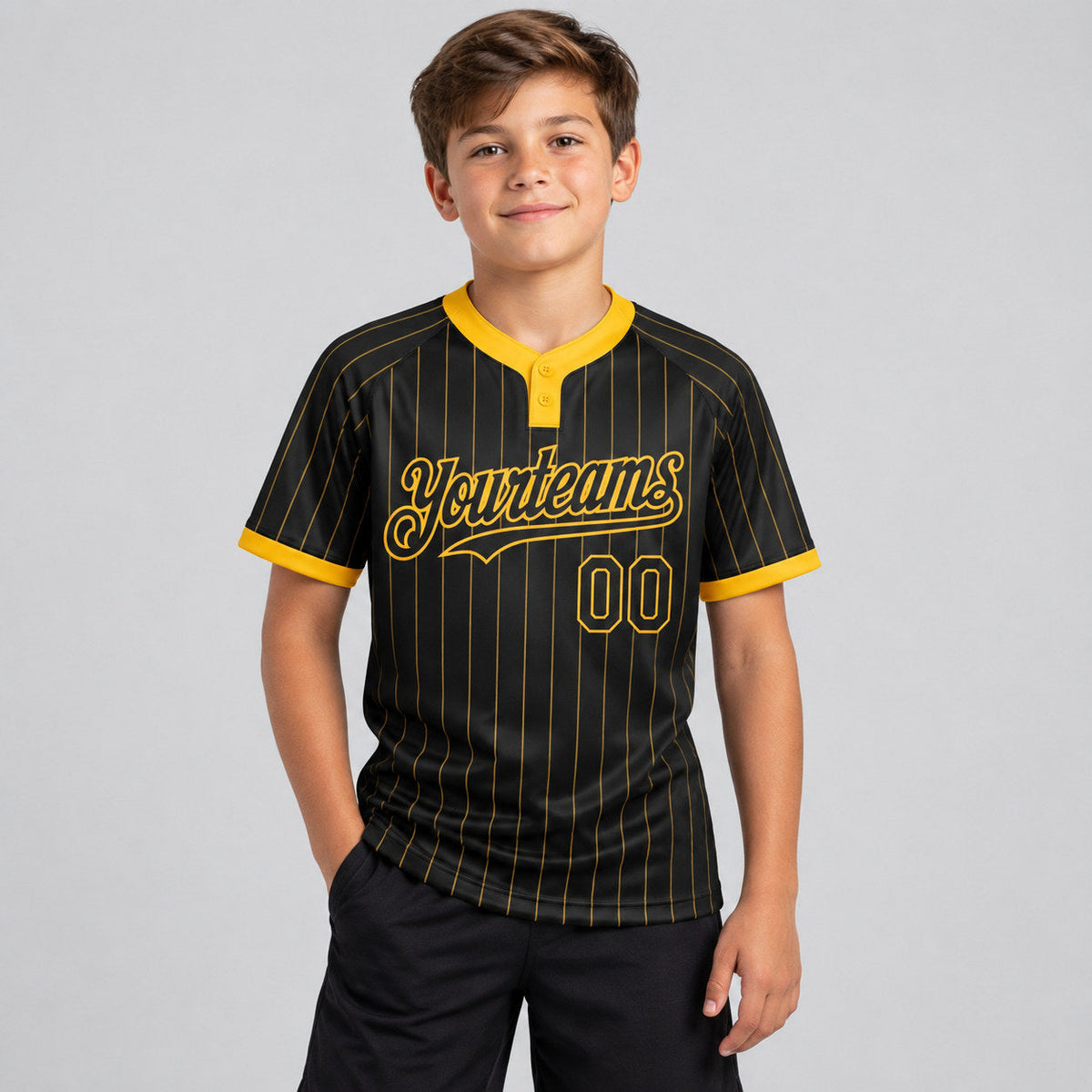Custom Black Two Button Pinstripe Softball Jersey with Gold Lettering Design 0892 youth size worn by child model