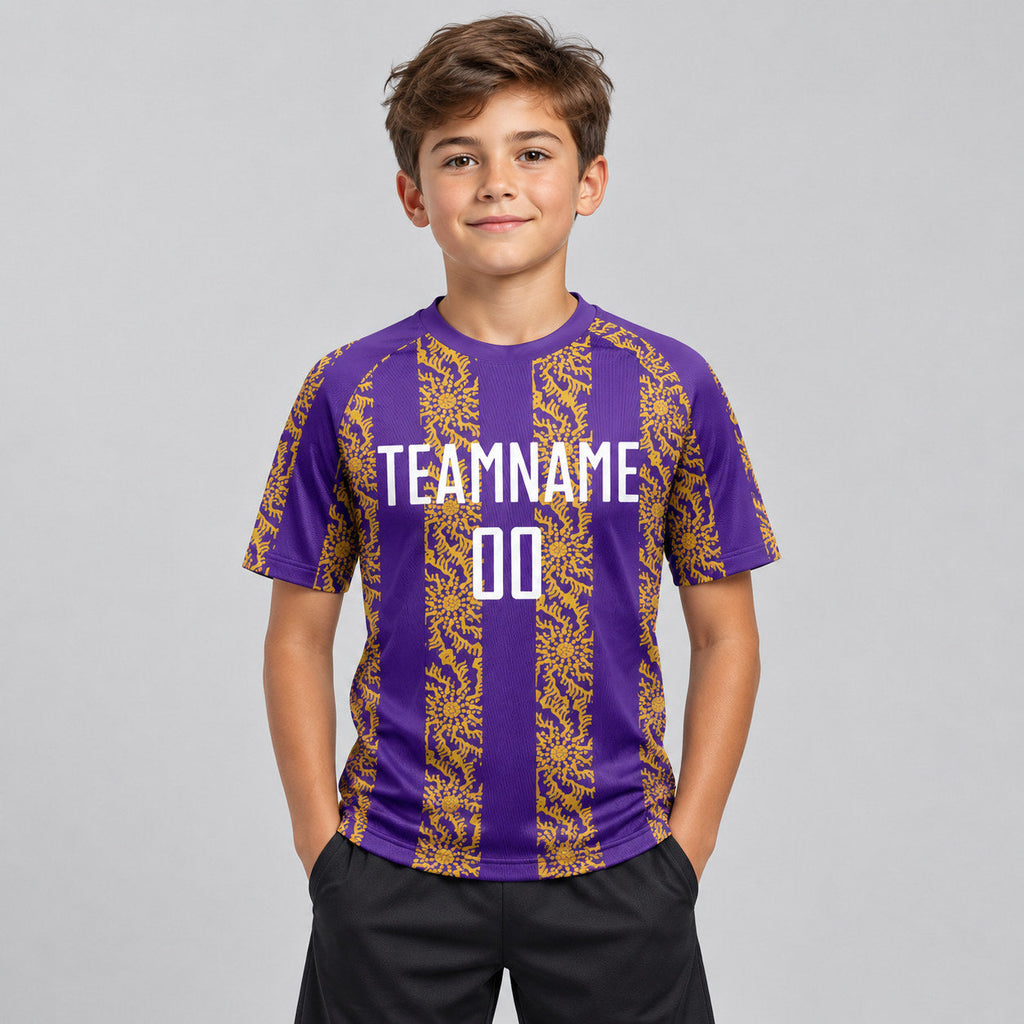 Custom Purple Abstract Shape Sublimated Soccer Jersey with White and Old Gold Lettering youth size worn by child model