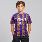 Custom Purple Abstract Shape Sublimated Soccer Jersey with White and Old Gold Lettering youth size worn by child model
