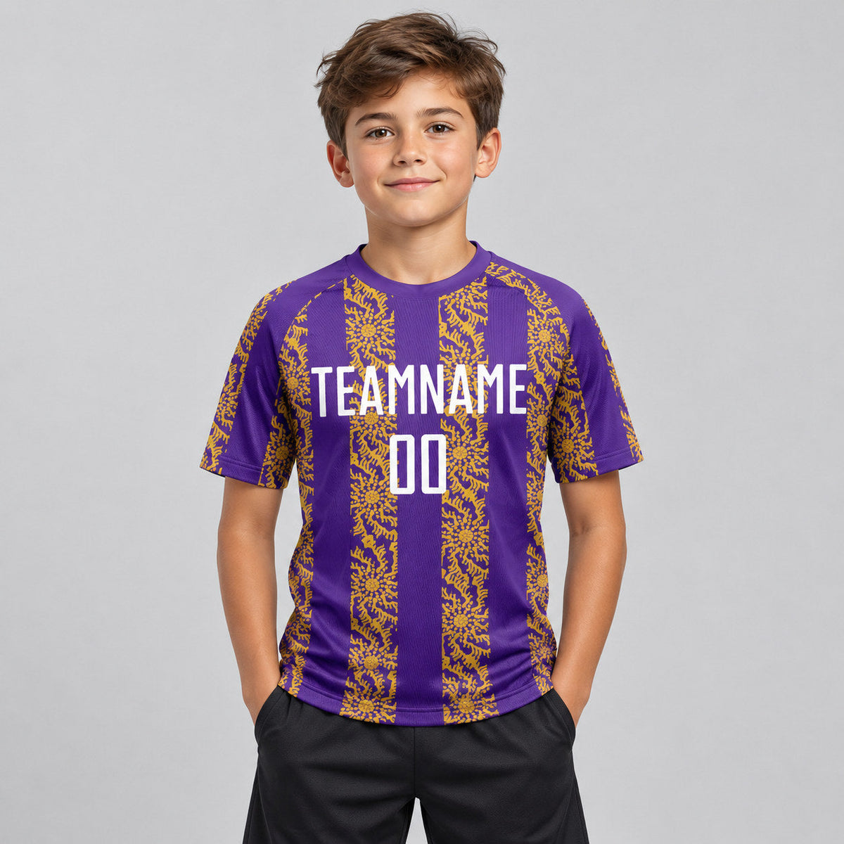 Custom Purple Abstract Shape Sublimated Soccer Jersey with White and Old Gold Lettering youth size worn by child model