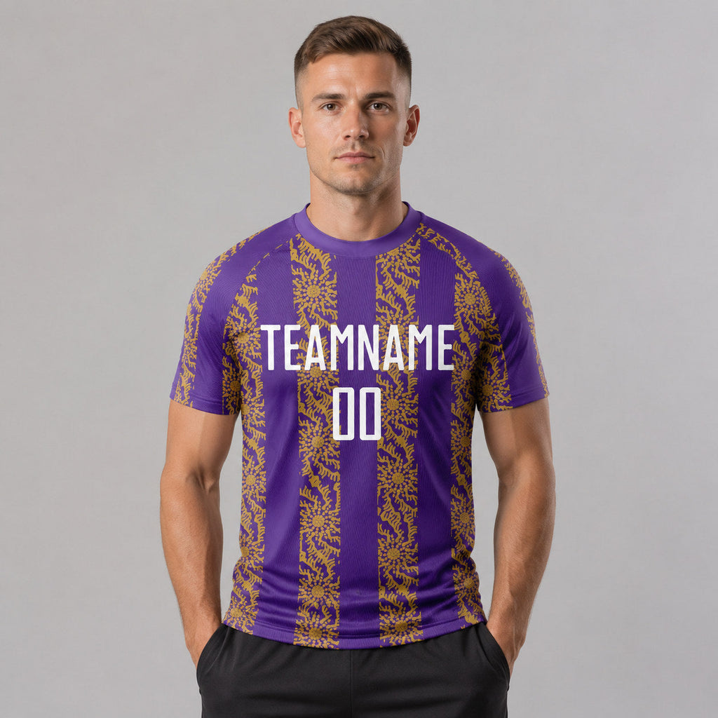 Custom Purple Abstract Shape Sublimated Soccer Jersey with White and Old Gold Lettering worn by male model