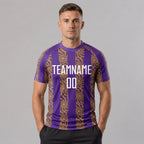 Custom Purple Abstract Shape Sublimated Soccer Jersey with White and Old Gold Lettering worn by male model