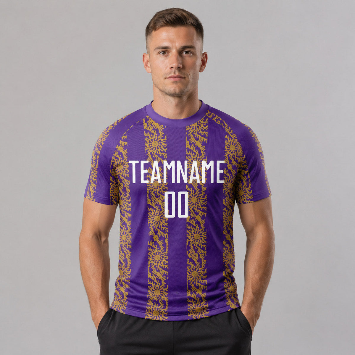 Custom Purple Abstract Shape Sublimated Soccer Jersey with White and Old Gold Lettering worn by male model
