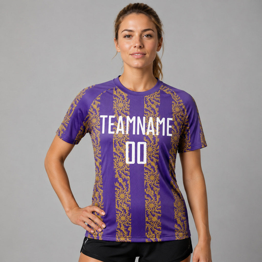 Custom Purple Abstract Shape Sublimated Soccer Jersey with White and Old Gold Lettering worn by female model
