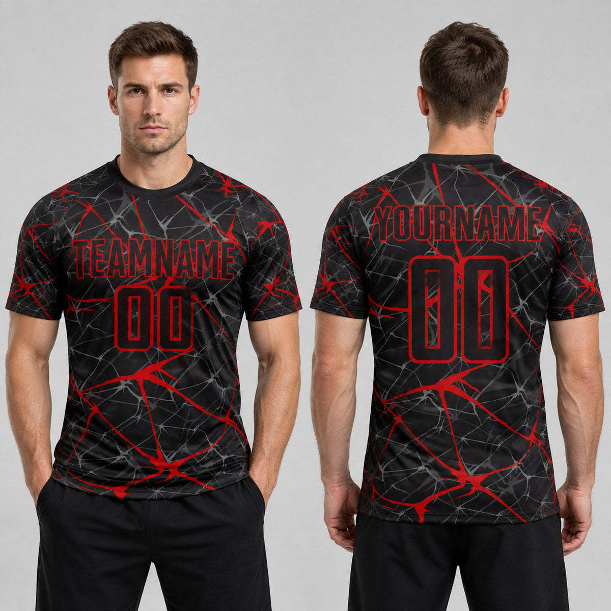 Custom Black Sublimated Soccer Jersey with Red Lettering Design 0906 worn by male model