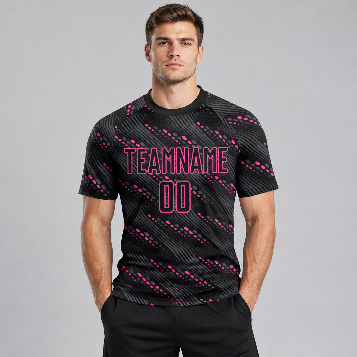 Custom Black Sublimated Soccer Jersey with Pink Lettering Design 0981 worn by male model