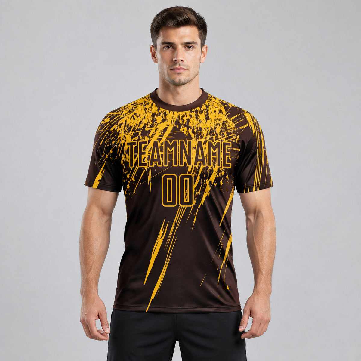 Custom Brown Sublimated Soccer Jersey with Gold Lettering worn by male model