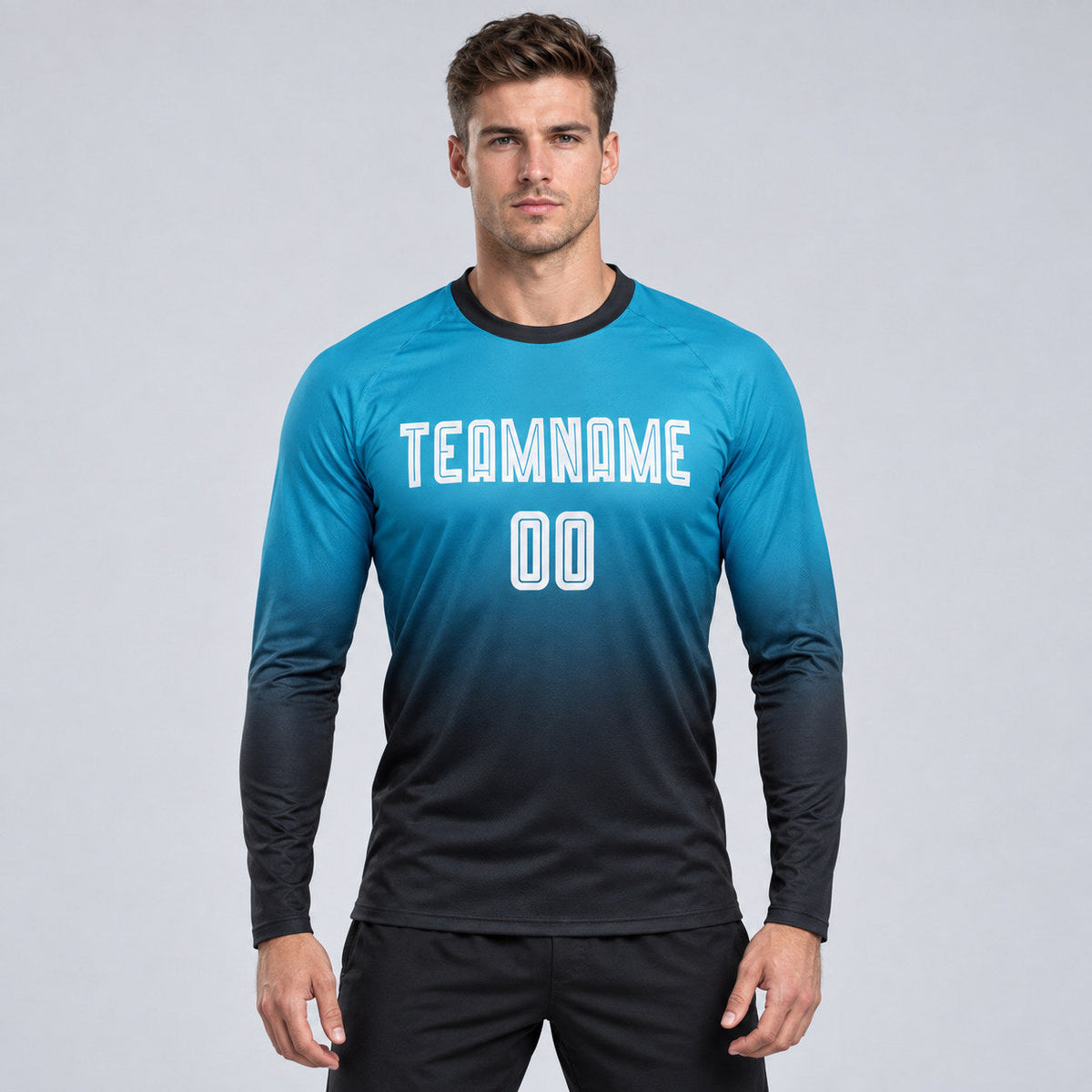 Custom Panther Blue Fade Long Sleeve Sublimated Soccer Jersey with White and Black Lettering worn by male model