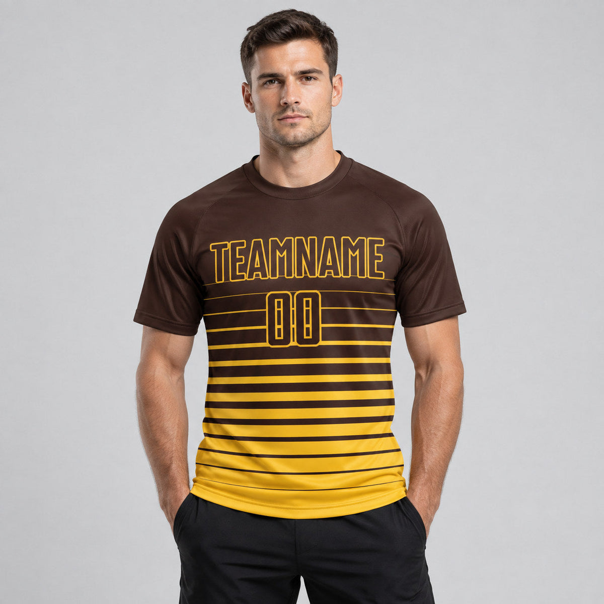 Custom Brown Fade Pinstripe Sublimated Soccer Jersey with Yellow Lettering worn by male model