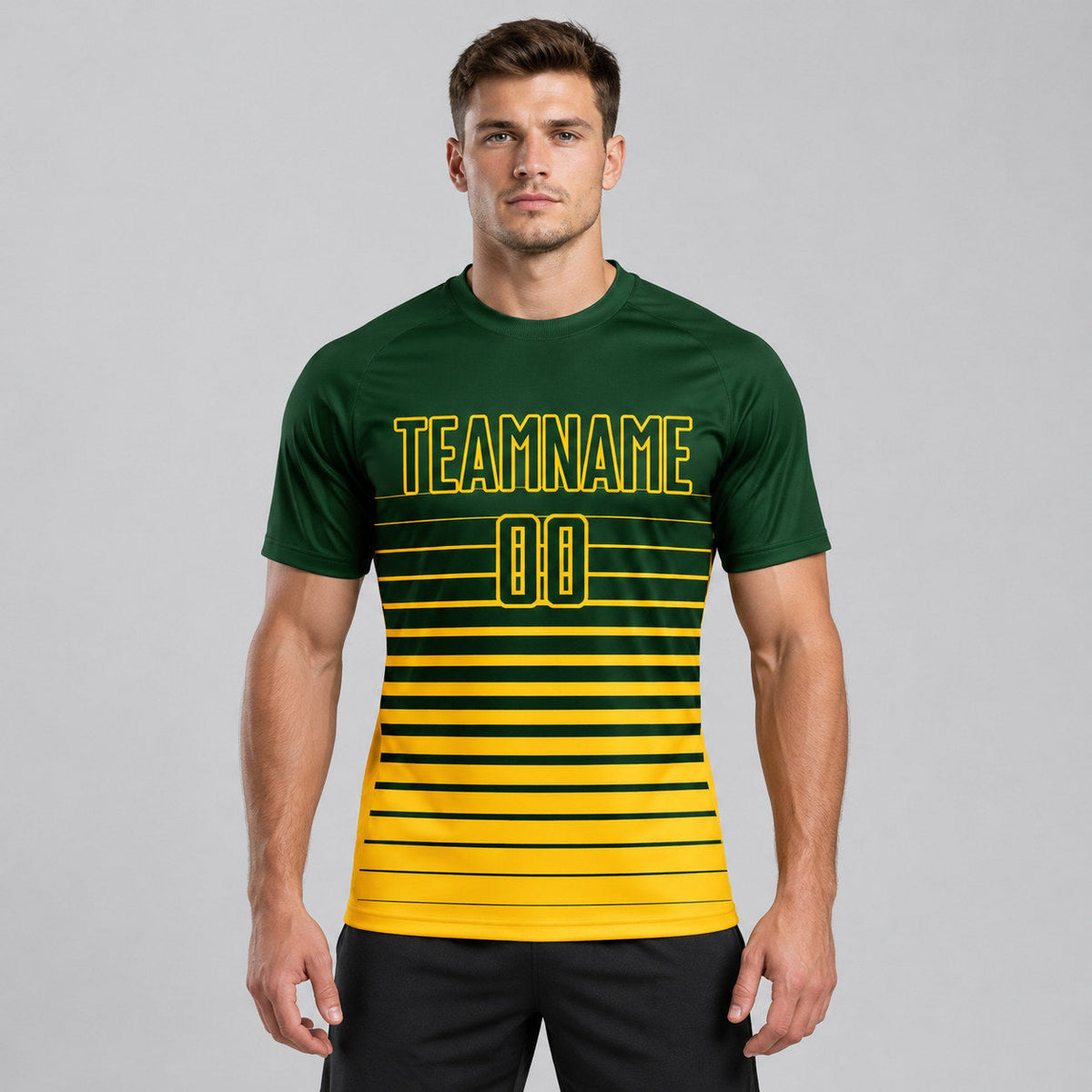 Custom Green Fade Pinstripe Sublimated Soccer Jersey with Yellow Lettering worn by male model