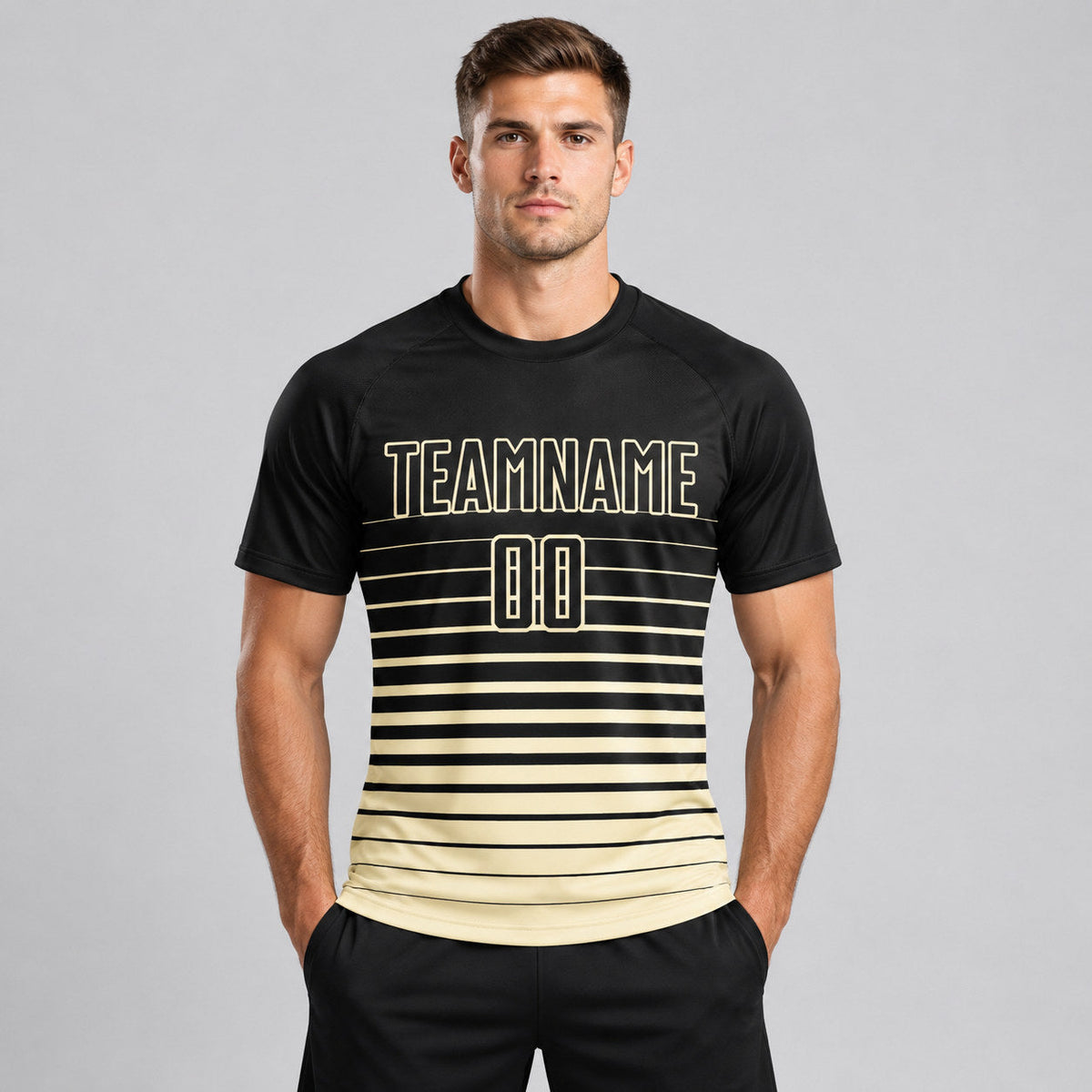 Custom Black Fade Pinstripe Sublimated Soccer Jersey with Cream Lettering worn by male model