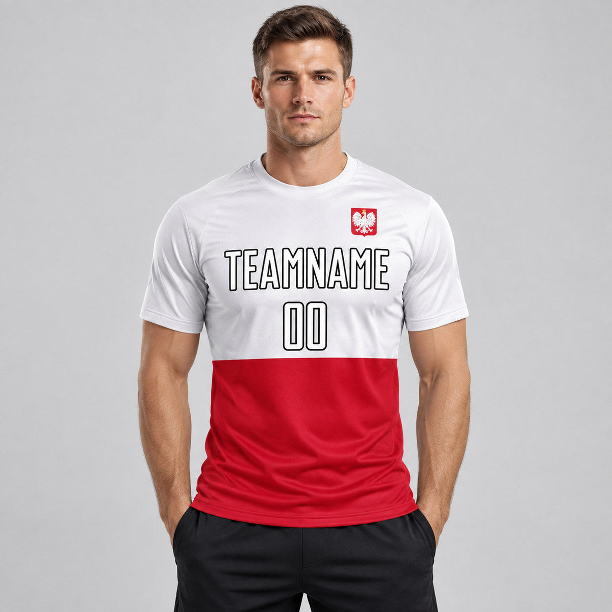 Custom Red Polish Flag Sublimated Soccer Jersey with White and Black Lettering worn by male model