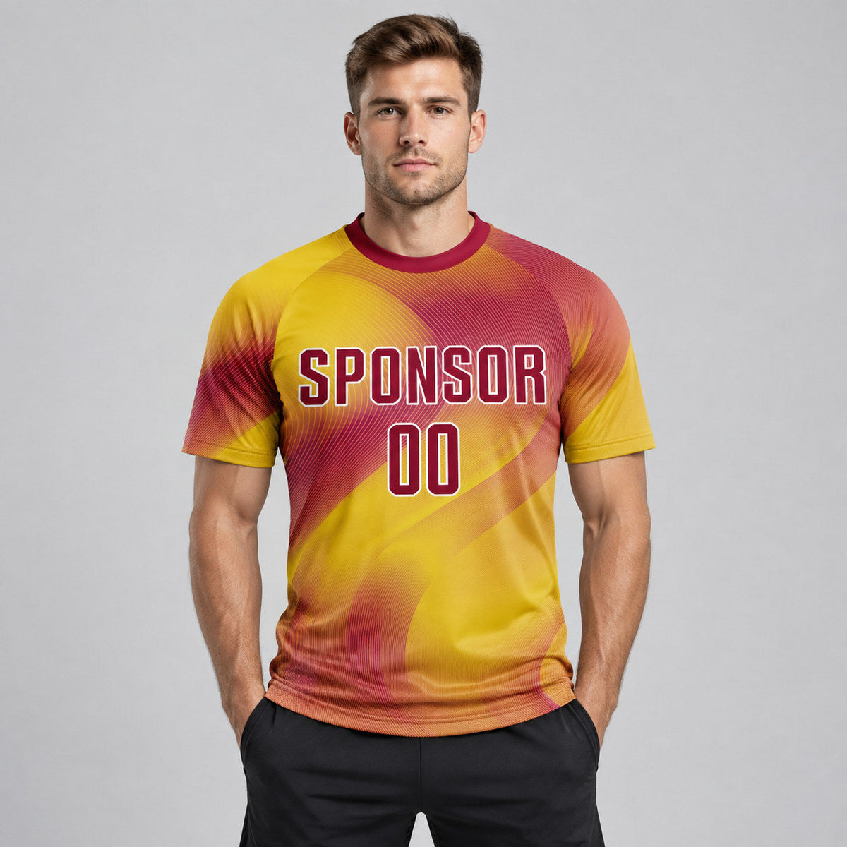 Custom Gold Sublimated Soccer Jersey with Crimson and White Lettering worn by male model