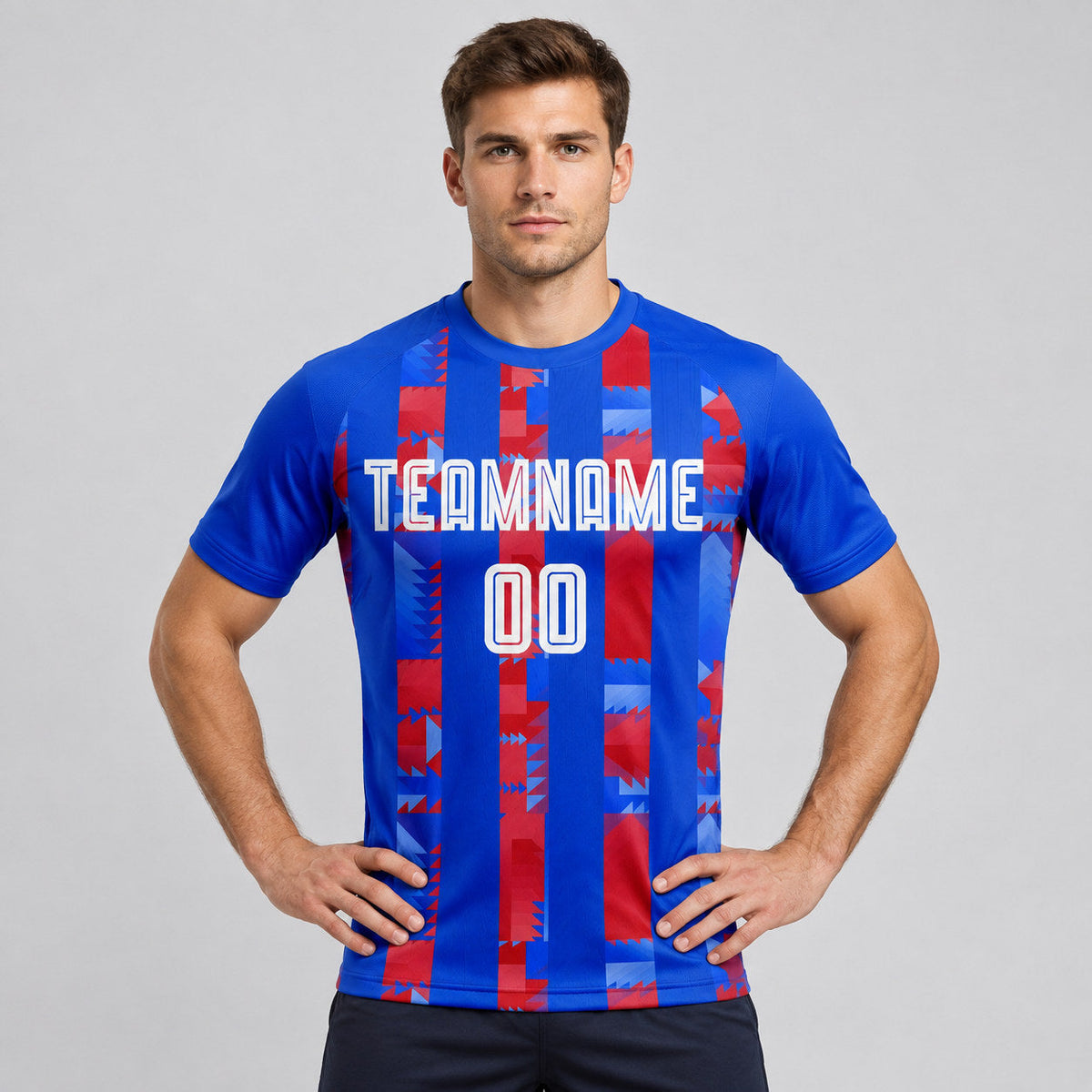 Custom Royal Home Sublimated Soccer Jersey with White and Red Lettering worn by male model