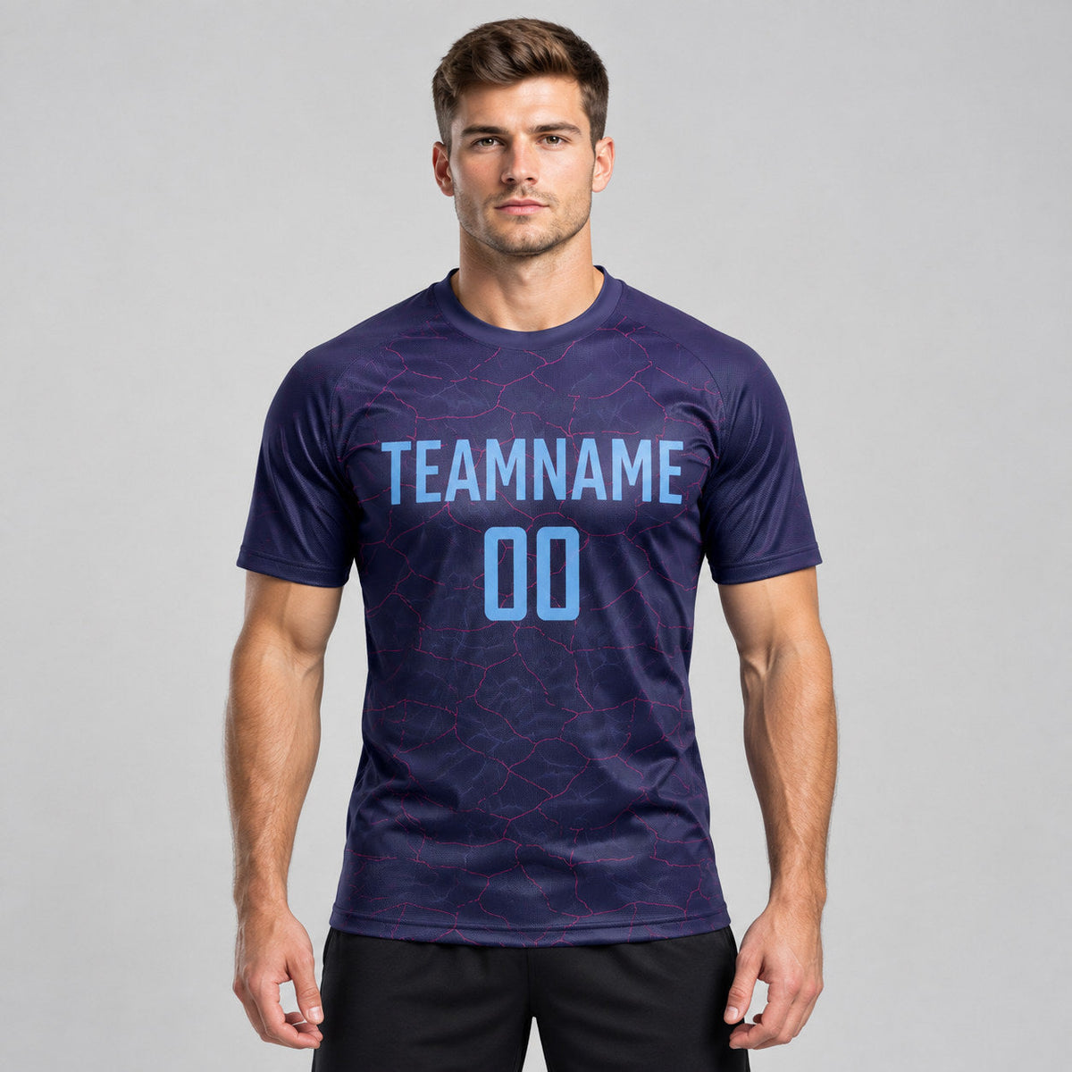 Custom Purple Sublimated Soccer Jersey with Light Blue Lettering worn by male model