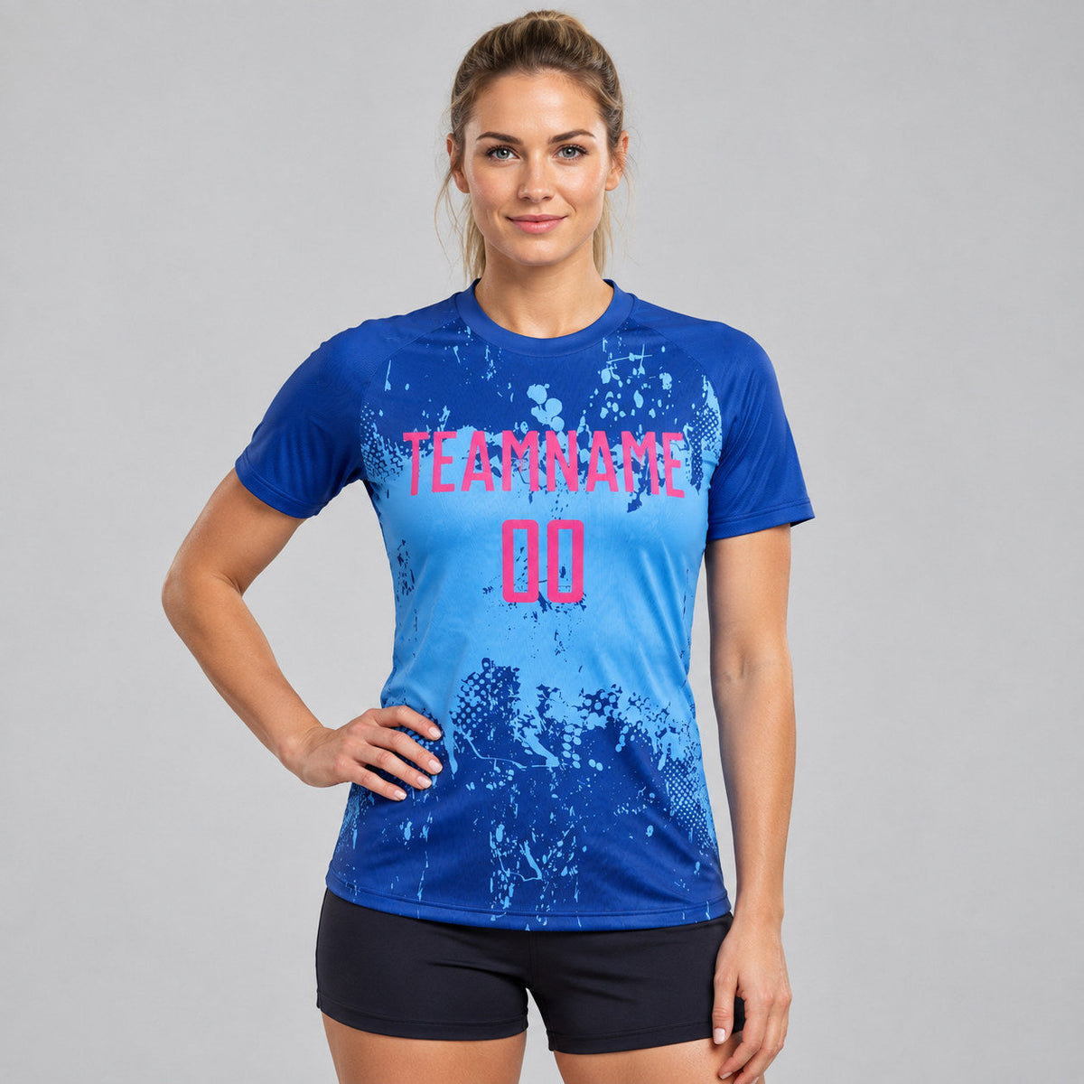 Custom Royal Sublimated Soccer Jersey with Pink and Light Blue Lettering worn by female model