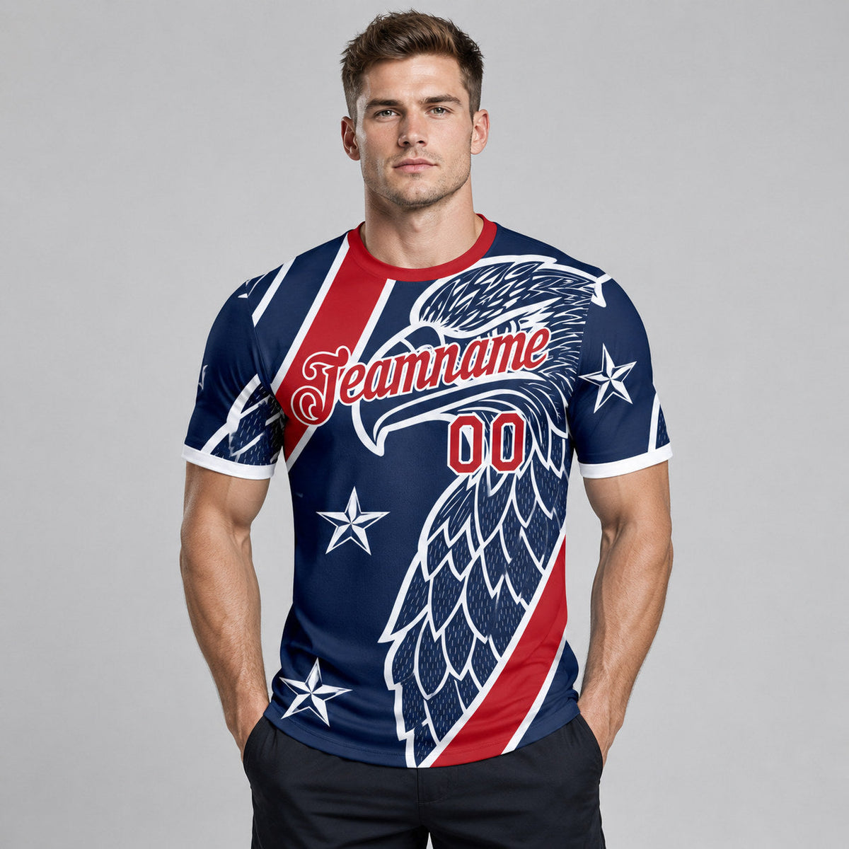 Custom Blue USA Flag Eagle And Star Soccer T-Shirt with Red and White Lettering worn by male model