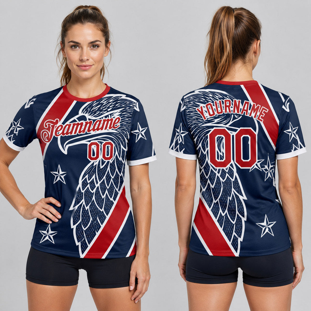 Custom Blue USA Flag Eagle And Star Soccer T-Shirt with Red and White Lettering worn by female model